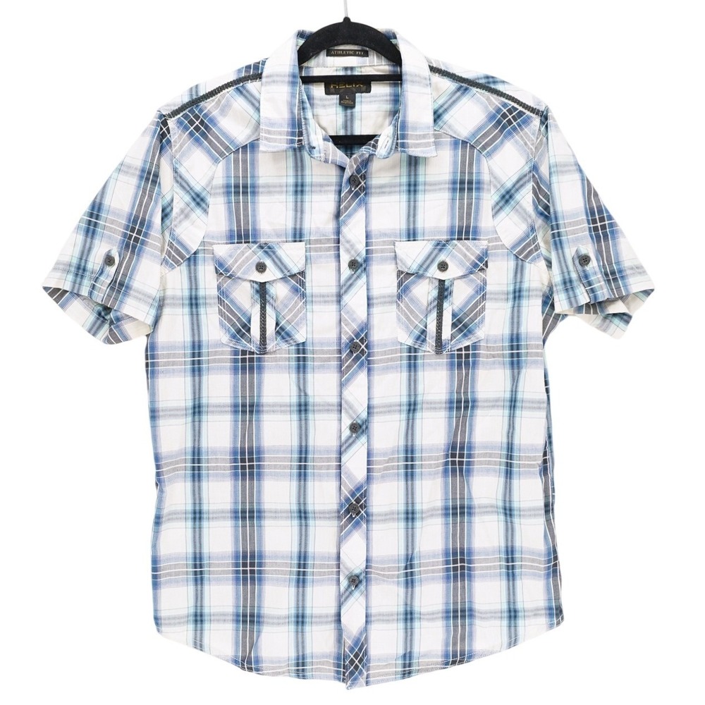 Helix Plaid Embroidered Button-Up Short Sleeve Shirt Athletic Fit L White Blue